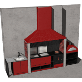 Линейная кухня с 2 мангалами, печью под казан и пиццерией